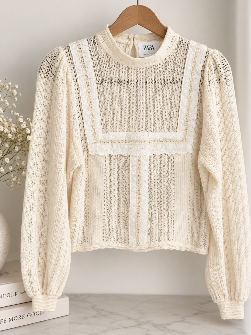 ZARA Cream Lace-Trim Openwork Knit Blouse size S